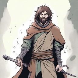 This is a high-quality comic-style illustration of a scruffy, yet happy, homeless fighter from a fantasy world reminiscent of DnD