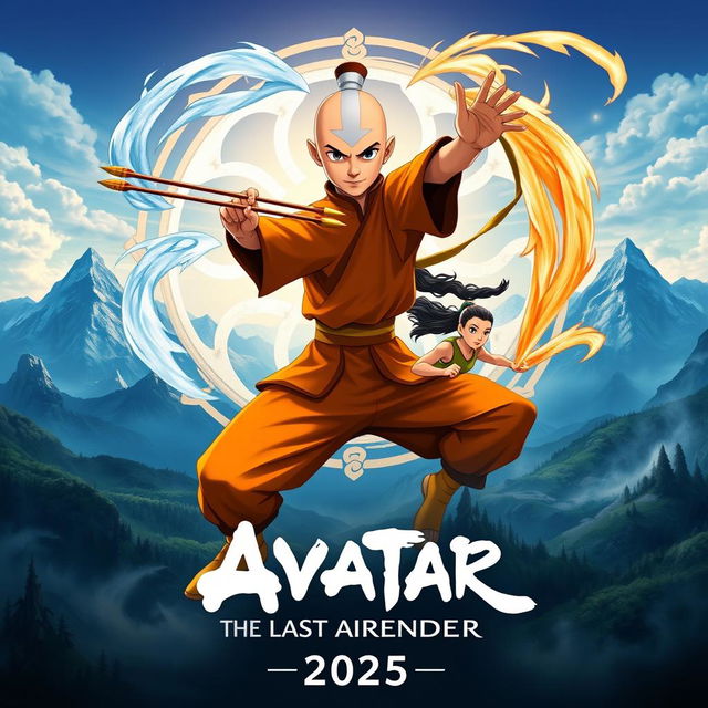 A captivating teaser poster for 'Avatar: The Last Airbender (2025)', featuring Aang, the last Airbender, in a dynamic airbending pose, surrounded by swirling winds that accentuate his movement