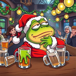 A humorous depiction of the Pepe the Frog character dressed as Santa Claus, collapsing in a bar after drinking too much alcohol