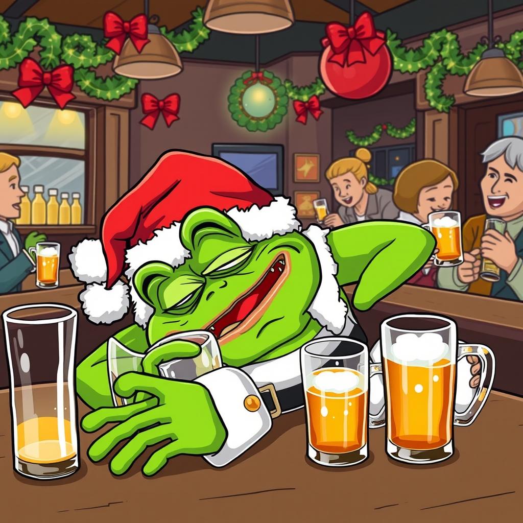 A humorous depiction of the Pepe the Frog character dressed as Santa Claus, collapsing in a bar after drinking too much alcohol