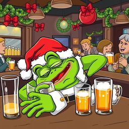 A humorous depiction of the Pepe the Frog character dressed as Santa Claus, collapsing in a bar after drinking too much alcohol