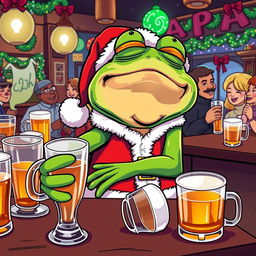 A humorous depiction of the Pepe the Frog character dressed as Santa Claus, collapsing in a bar after drinking too much alcohol