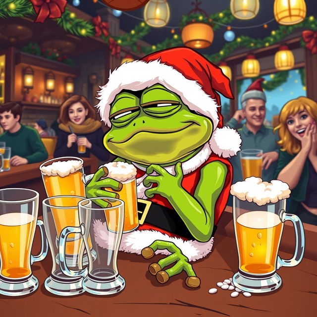 A humorous depiction of the Pepe the Frog character dressed as Santa Claus, collapsing in a bar after drinking too much alcohol