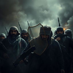 A hyper-realistic image capturing a group of freedom fighters on a chaotic battlefield, with an invisible shield symbolically represented protecting their backs