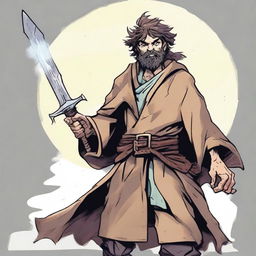 This is a high-quality comic-style illustration of a scruffy, yet happy, homeless fighter from a fantasy world reminiscent of DnD