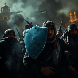 A hyper-realistic image capturing a group of freedom fighters on a chaotic battlefield, with an invisible shield symbolically represented protecting their backs
