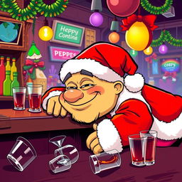 A humorous scene featuring the Pepe meme character dressed as Santa Claus, depicted in a vibrant vector art style