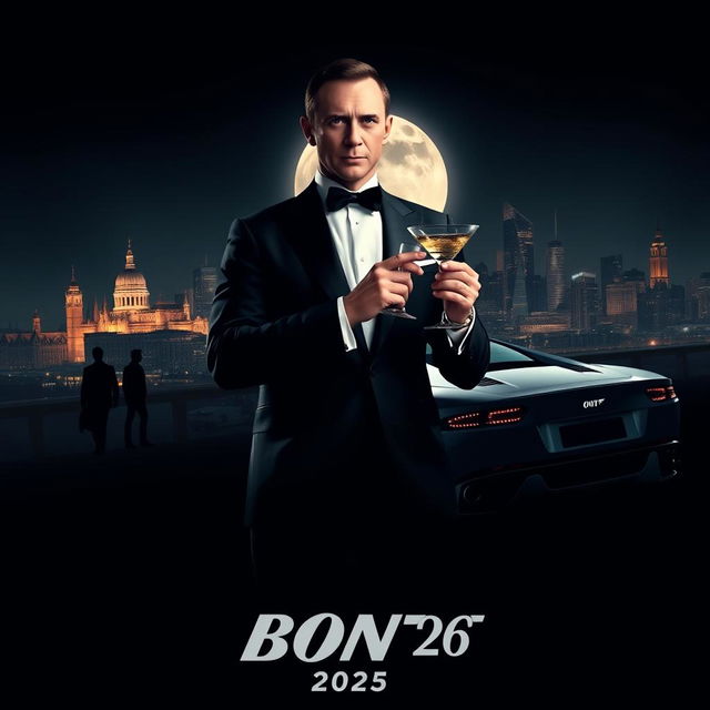 A sleek and sophisticated teaser poster for 'Bond 26 (2025)', featuring a charismatic Daniel Craig as James Bond in a classic tuxedo, standing confidently with a martini in hand