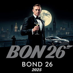 A sleek and sophisticated teaser poster for 'Bond 26 (2025)', featuring a charismatic Daniel Craig as James Bond in a classic tuxedo, standing confidently with a martini in hand