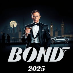 A sleek and sophisticated teaser poster for 'Bond 26 (2025)', featuring a charismatic Daniel Craig as James Bond in a classic tuxedo, standing confidently with a martini in hand