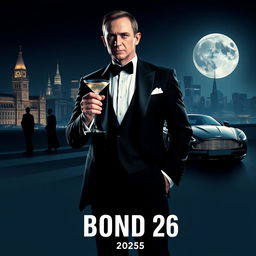 A sleek and sophisticated teaser poster for 'Bond 26 (2025)', featuring a charismatic Daniel Craig as James Bond in a classic tuxedo, standing confidently with a martini in hand