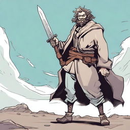 This is a high-quality comic-style illustration of a scruffy, yet happy, homeless fighter from a fantasy world reminiscent of DnD