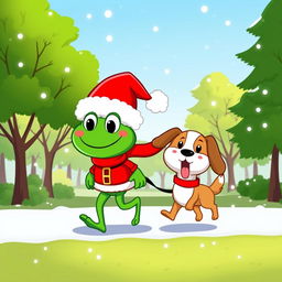 A whimsical and colorful vector-style illustration featuring the iconic Pepe the Frog character dressed as Santa Claus, complete with a red suit and a fluffy white hat