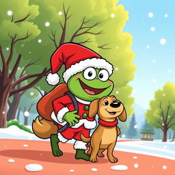 A whimsical and colorful vector-style illustration featuring the iconic Pepe the Frog character dressed as Santa Claus, complete with a red suit and a fluffy white hat