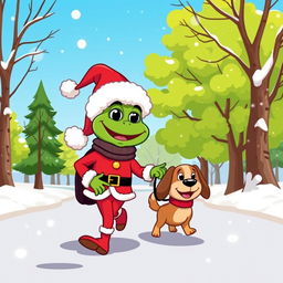 A whimsical and colorful vector-style illustration featuring the iconic Pepe the Frog character dressed as Santa Claus, complete with a red suit and a fluffy white hat