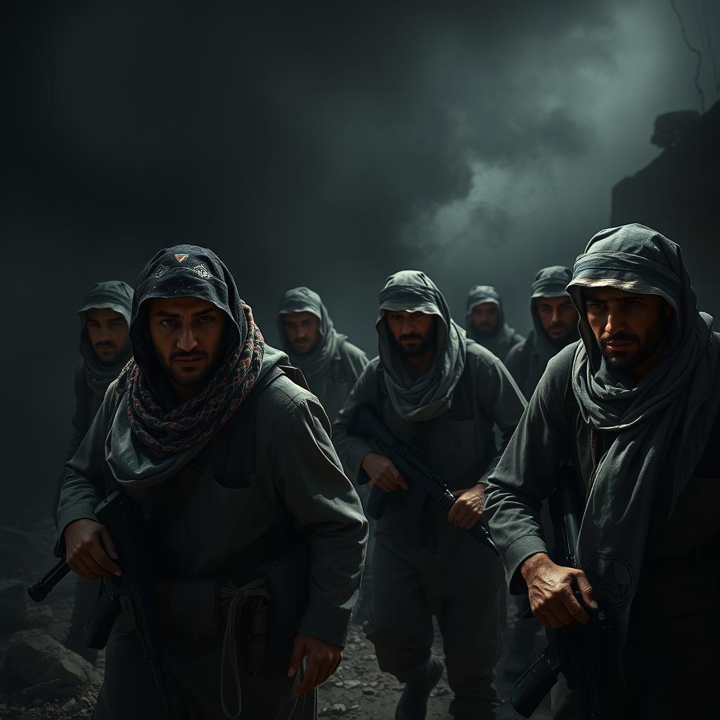A hyper-realistic portrayal of freedom fighters on a battlefield, depicting a moment of tense preparation and resilience