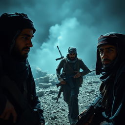 A hyper-realistic portrayal of freedom fighters on a battlefield, depicting a moment of tense preparation and resilience