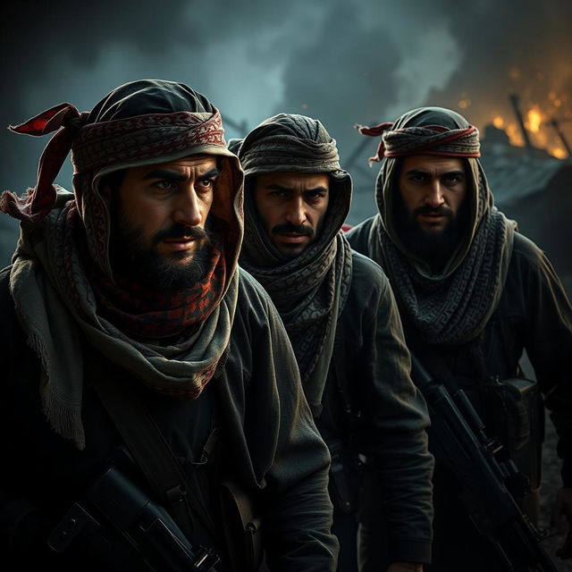 A hyper-realistic portrayal of freedom fighters on a battlefield, depicting a moment of tense preparation and resilience