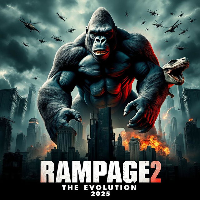 A thrilling teaser poster for 'RAMPAGE 2: The Evolution (2025)', featuring massive mutated creatures towering over a devastated urban landscape