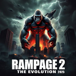 A thrilling teaser poster for 'RAMPAGE 2: The Evolution (2025)', featuring massive mutated creatures towering over a devastated urban landscape