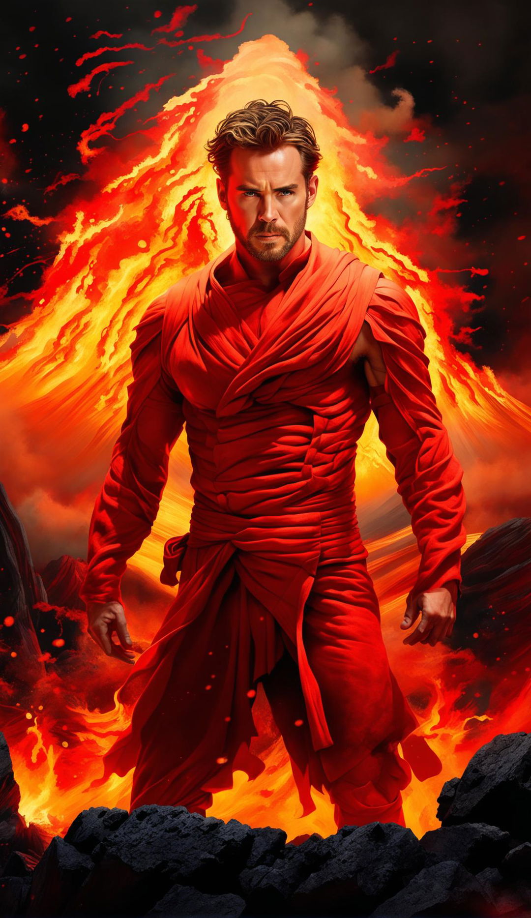 A high-quality digital artwork featuring Chris Evans in red monk robes, standing in front of an active volcano, its fiery glow casting an eerie light over the scene