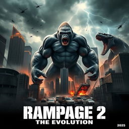 A thrilling teaser poster for 'RAMPAGE 2: The Evolution (2025)', featuring massive mutated creatures towering over a devastated urban landscape