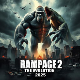 A thrilling teaser poster for 'RAMPAGE 2: The Evolution (2025)', featuring massive mutated creatures towering over a devastated urban landscape