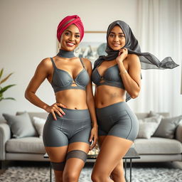 A portrait of two confident Muslim women wearing fashionable bra and panty sets, showcasing their unique style while maintaining their cultural aesthetics