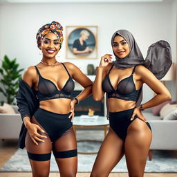 A portrait of two confident Muslim women wearing fashionable bra and panty sets, showcasing their unique style while maintaining their cultural aesthetics