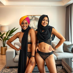A portrait of two confident Muslim women wearing fashionable bra and panty sets, showcasing their unique style while maintaining their cultural aesthetics