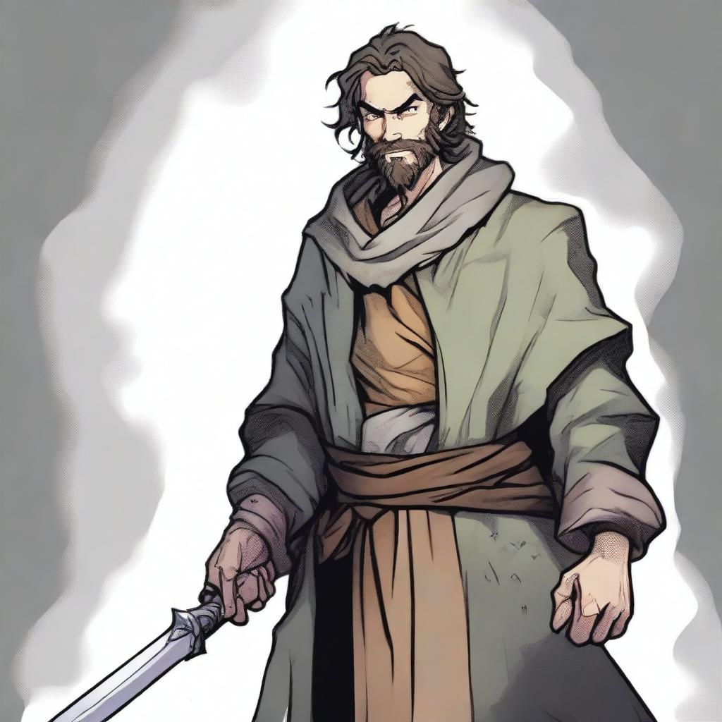 A high-quality comic illustration portrays a scruffy, homeless fantasy fighter from a world similar to DnD