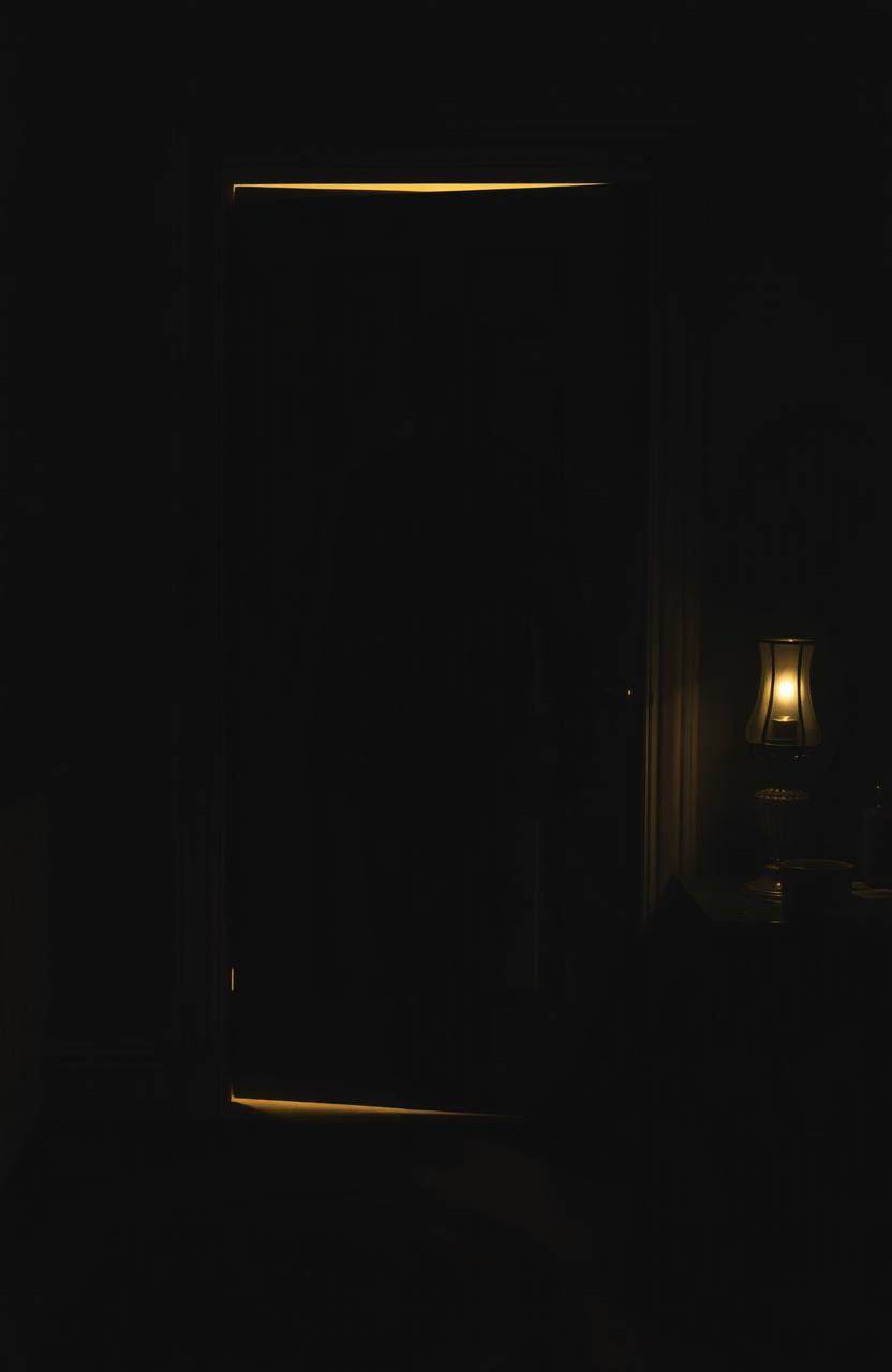 A mysterious shadow behind a closed door, creating an atmosphere of suspense and intrigue