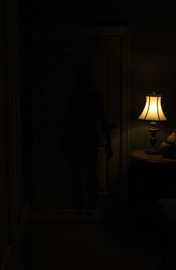A mysterious shadow behind a closed door, creating an atmosphere of suspense and intrigue