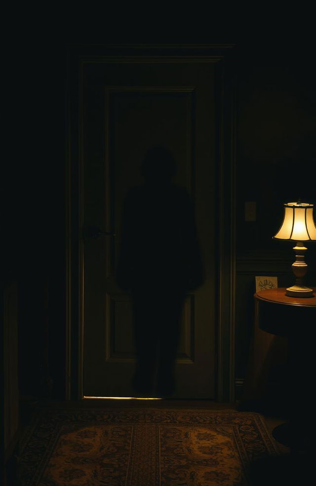 A mysterious shadow behind a closed door, creating an atmosphere of suspense and intrigue