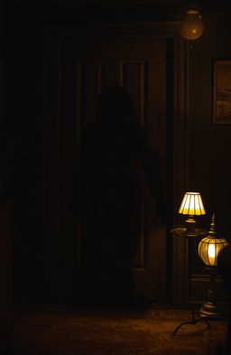 A mysterious shadow behind a closed door, creating an atmosphere of suspense and intrigue