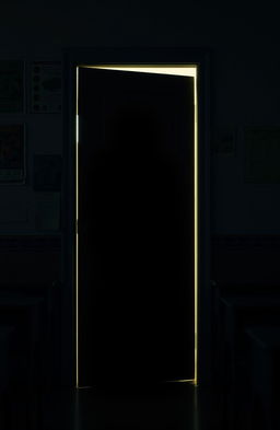 A mysterious shadow lurking behind a classroom door, creating an intriguing sense of suspense