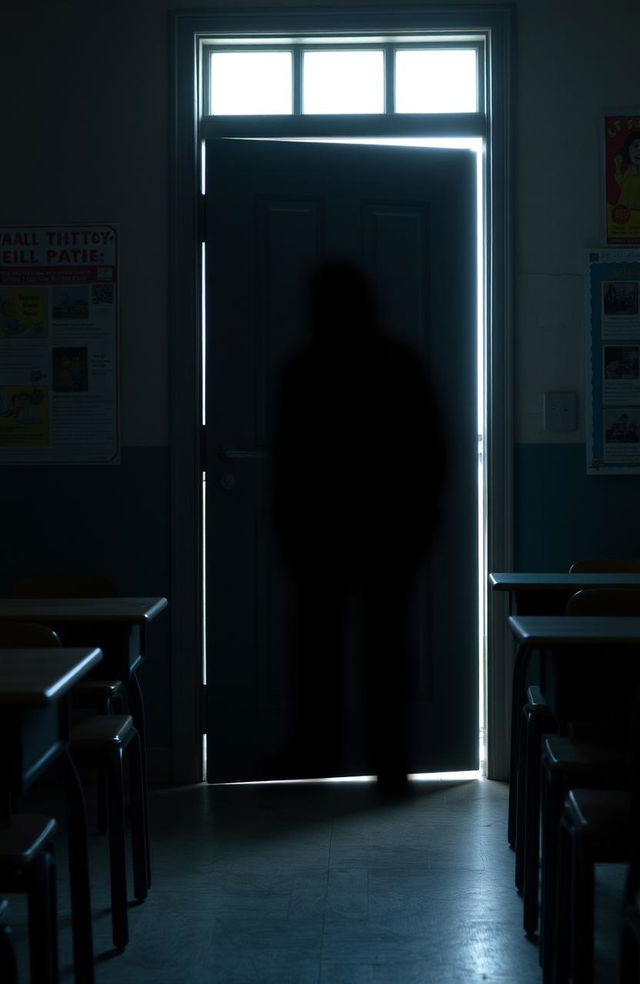 A mysterious shadow lurking behind a classroom door, creating an intriguing sense of suspense
