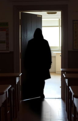 A mysterious shadow lurking behind a classroom door, creating an intriguing sense of suspense