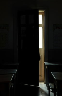 A mysterious shadow lurking behind a classroom door, creating an intriguing sense of suspense
