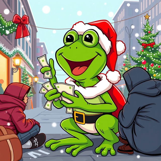 A cheerful green Pepe the Frog character dressed as Santa Claus, joyfully giving money to a group of homeless individuals sitting on the street