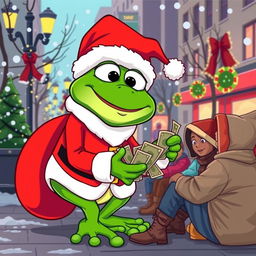 A cheerful green Pepe the Frog character dressed as Santa Claus, joyfully giving money to a group of homeless individuals sitting on the street