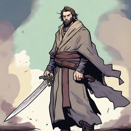 A high-quality comic illustration portrays a scruffy, homeless fantasy fighter from a world similar to DnD