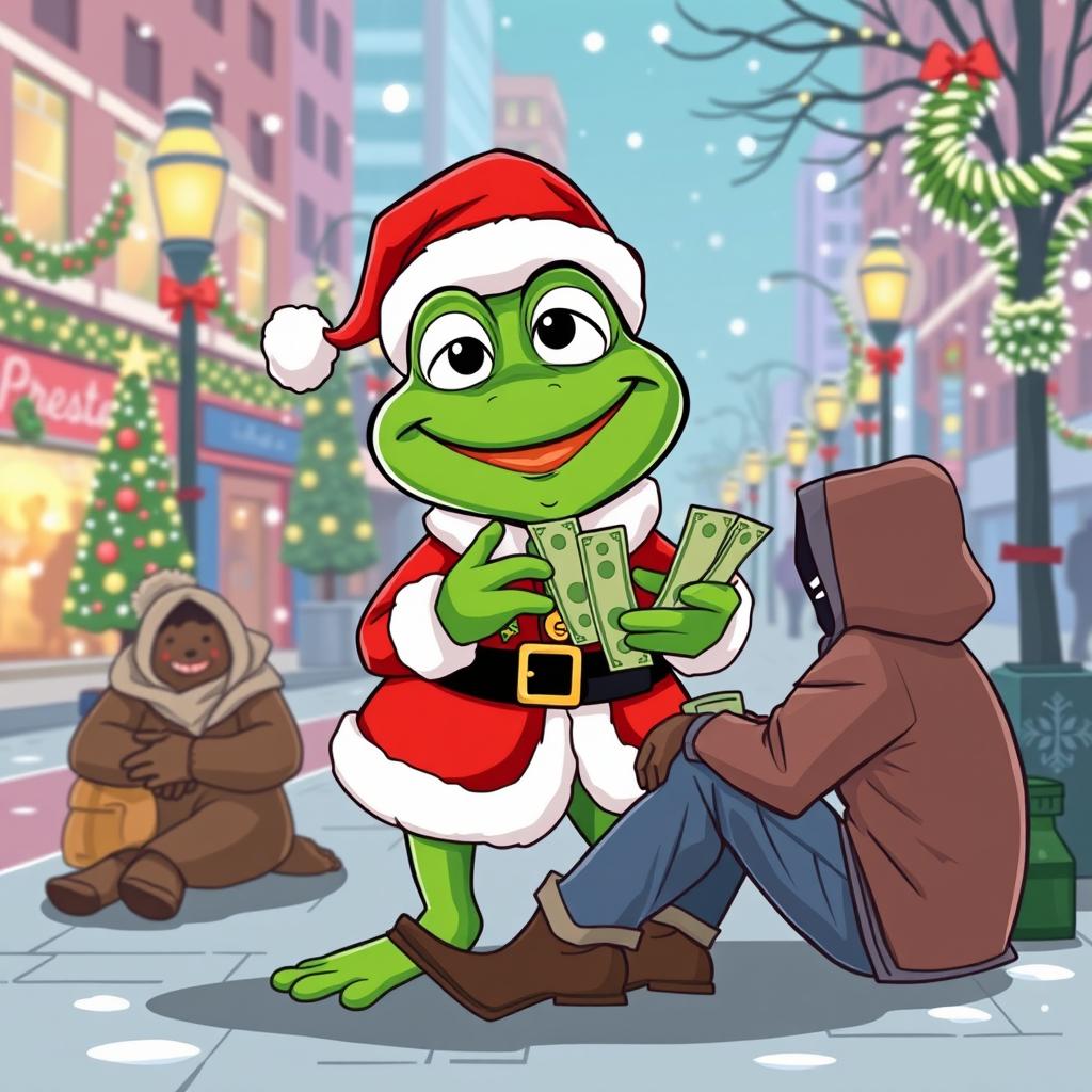 A cheerful green Pepe the Frog character dressed as Santa Claus, joyfully giving money to a group of homeless individuals sitting on the street