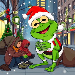 A cheerful green Pepe the Frog character dressed as Santa Claus, joyfully giving money to a group of homeless individuals sitting on the street