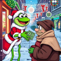 A vibrant vector style illustration of the character Pepe the Frog dressed as Santa Claus, joyfully giving money to a homeless person on a city street