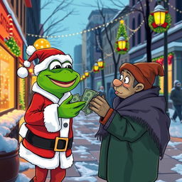 A vibrant vector style illustration of the character Pepe the Frog dressed as Santa Claus, joyfully giving money to a homeless person on a city street