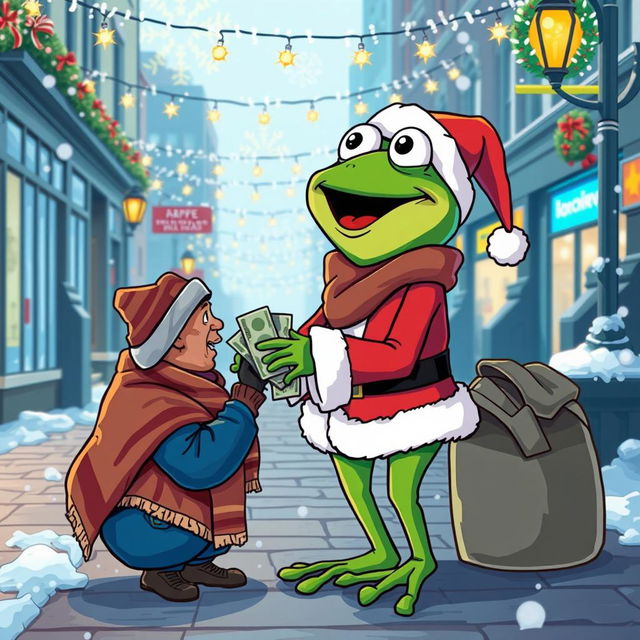 A vibrant vector style illustration of the character Pepe the Frog dressed as Santa Claus, joyfully giving money to a homeless person on a city street