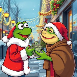 A vibrant vector style illustration of the character Pepe the Frog dressed as Santa Claus, joyfully giving money to a homeless person on a city street
