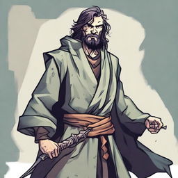 A high-quality comic illustration portrays a scruffy, homeless fantasy fighter from a world similar to DnD