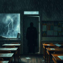 A dramatic scene depicting a mysterious shadow lurking behind a classroom door during a heavy rainstorm